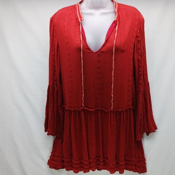 Rayon Red/Rust Colored Boho Lined Tunic V-tie Neck, Long Bell Sleeve Woman's L.. - Picture 2 of 16